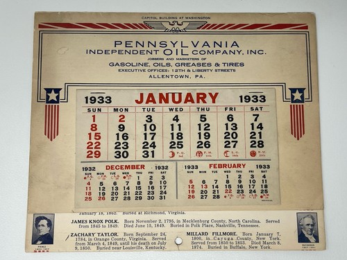 Pennsylvania Independent Oil Company 1933 Kalender, Petroliana, Gas & Oil