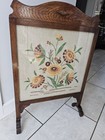 Vintage Wooden Fire Screen with Embroidered Floral Panel