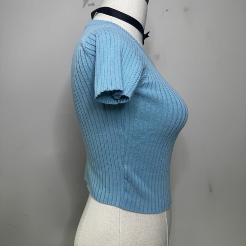 Vintage Y2K Blue Ribbed Baby Tee Crop Top Indie Fairy Skater Grunge It Girl S - Picture 2 of 5