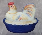Vintage Fenton Folk Art Satin Hand Painted Rooster / Hen On Nest Patriotic RARE