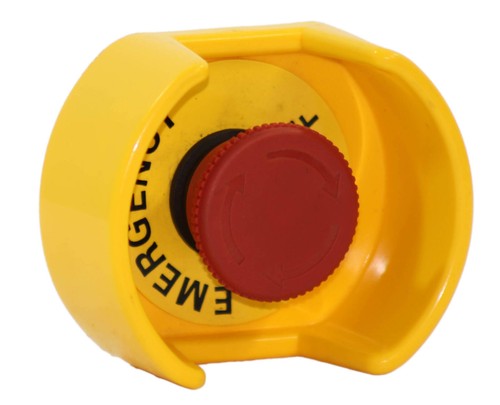 Omron A22E Pushbutton Color: Yellow Cover, Red Button Emergency Pushbutton Insid
