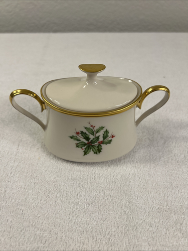 Zuccheriera Lenox Holiday China con coperchio Made in USA agrifoglio e bacche - Foto 10 di 15