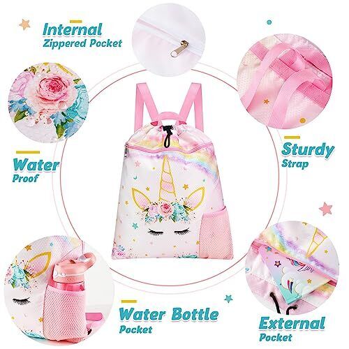 Unicorn Gym Drawstring Backpack - 15” x 17” Sports Gym Bag Pink Unicorn a - Picture 2 of 7