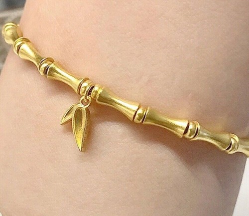 999 24K Yellow Gold Lucky Bamboo Bracelet Gold Women Bangle Gifts - Picture 2 of 8