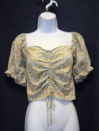 Lush Floral Print Puff Sleeve Cinched Crop Top Light Blue/Orange Size Large NWT - Picture 1 of 13