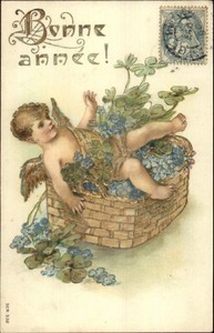 French-New-Year-Winged-Cherub-Child-in-Basket-of-Flower-GILT-c1910-Postcard