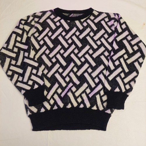Geometric Black White Knit 80s Style Crewneck Pullover Sweater Retro Size M - Picture 3 of 9