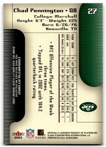 2003 Fleer Avant Chad Pennington New York Jets #27 - Picture 2 of 2