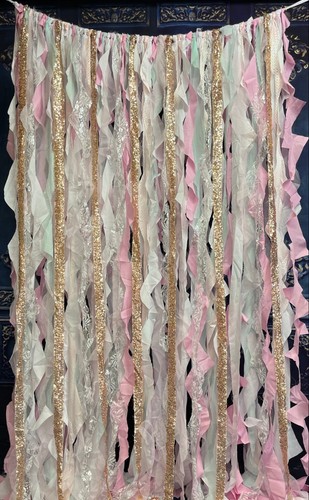 Ruffle Lace, Chiffon, Cotton and Gold Ribbon Garland. Curly Shabby Chic Backdrop - Picture 6 of 8