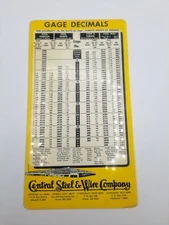 Vintage Central Steel & Wire Company, Gage Number to Decimal Chart, 5 x 9" 1966
