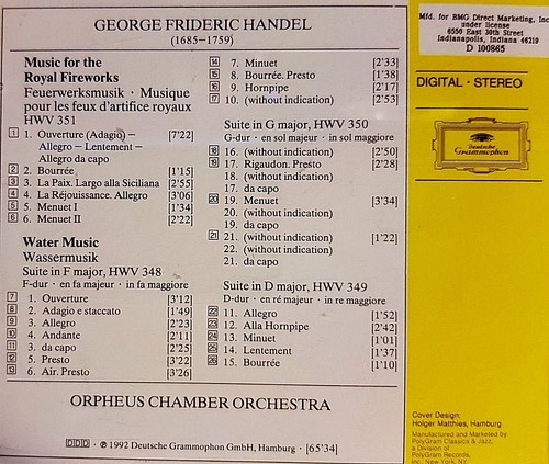 Handel : Wassermusik / Feuerwerksmusik Orpheus Chamber Orchestra CD 1992 Deutshe - Picture 4 of 4