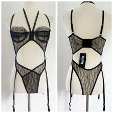 NWT Forplay Strappy Sheer Lace Gartered Teddy Black Floral Bodysuit Lingerie Sm