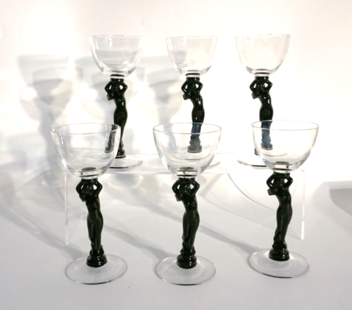 Cambridge Nude Lady Schwarz Stiel Schnaps Cocktail Gläser 6er Set Ebenholz Art Deco