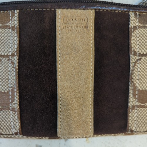 Coach Women's Color Block Canvas Signature Small Wristlet Tan Brown Suede Leathe - Picture 6 of 9