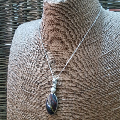 925 Sterling Silver Necklace, Large Tiger Iron And Mother Of Pearl Pendant - Picture 4 of 7