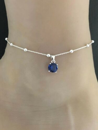 14K White Gold Finish 1.30Ct Round Lab Created Sapphire Diamond Women's Anklet - Picture 1 of 11