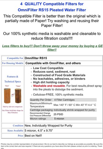 (4) OmniFilter RS15 Compatible Whole House Pleated Water Filter-Washable Reusabl - Picture 2 of 2