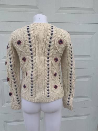 Vintage Hand Knit Cream Wool Chunky Knit  Cable sweater  shoulder zip small b36 - Picture 8 of 12