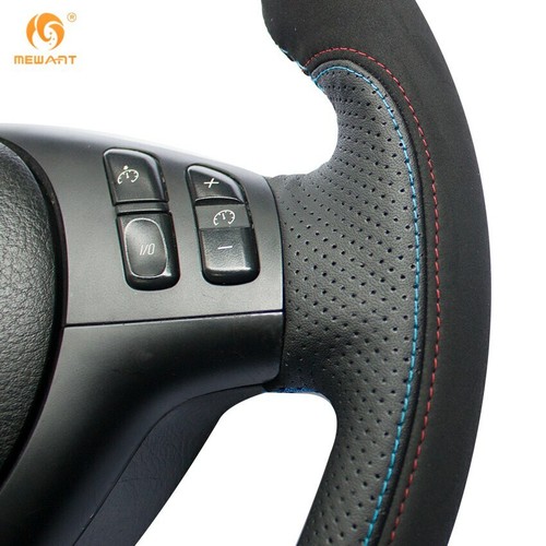 Black Leather Black Suede Car Steering Wheel Cover for BMW E46 E39 330i 330Ci M3 - Picture 2 of 7