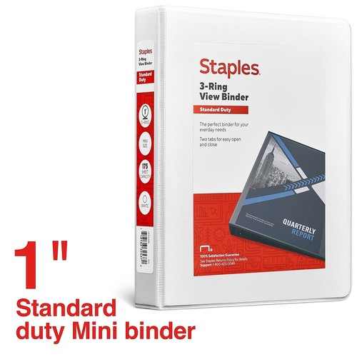 Staples 1" Standard 5-1/2" x 8-1/2" Mini View Binder with Round Rings White - Picture 2 of 6