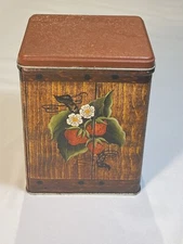 Vintage J.L. Clark Tin Canister strawberry vine with wood