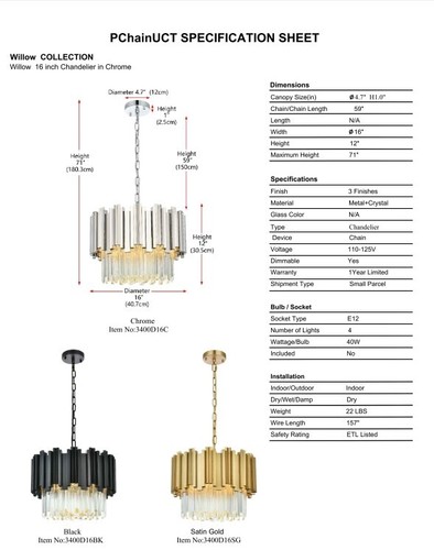Crystal Chandelier Light Fixture Satin Gold Living Room Dining Room or Foyer 16" - Picture 9 of 9