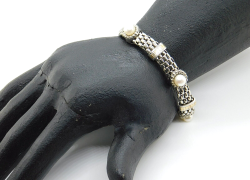 Braccialetto firmato MX Fancy Mesh Argento Sterling 925 & Oro 14K & Stazione Perla - Foto 9 di 10