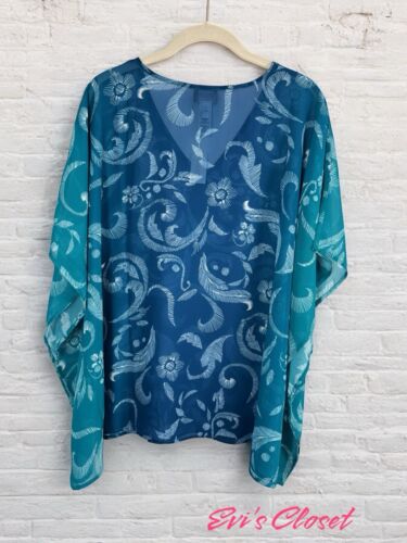 Chico's Ombre Floral Waves Paula Poncho V Neck Sz SM Blue Multicolor NWT - Picture 3 of 10