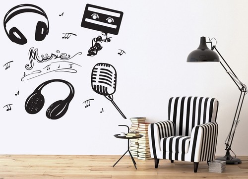 Vinyl Wall Sticker Attributes Microphone Headphones Music Cassette Notes (n324) - Picture 1 of 5