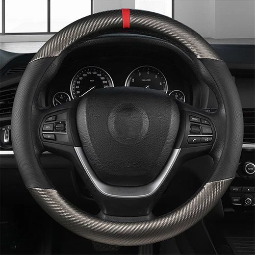 Car Steering Wheel Cover Carbon Fiber Perforated Leather 15'' Universal Interior