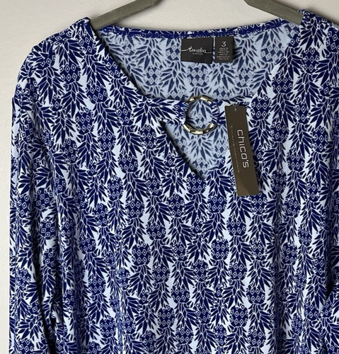 NEW Chico's Travelers Top Size 3 (XL, 16) 3/4 Sleeves Pineapples Blue White - Picture 3 of 7