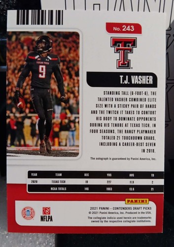 2021 Panini Contenders RC #243 T.J Vasher Autograph College Ticket Football Card - Picture 2 of 2