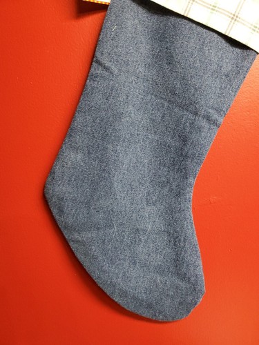 Christmas Stocking Handmade Fully Lined 20" Blue Jean Denim Plaid Cuff Upcycled - Picture 4 of 7