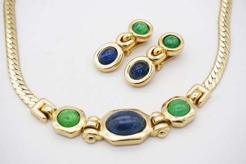 Christian Dior GROSSE Emerald Sapphire Cabochon Dangle Necklace Earrings Set - Picture 10 of 13