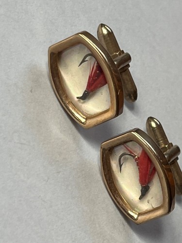 Vintage kleine rote Fliegenfischen Fliegenhaken goldfarbene Manschettenknöpfe - Vorderseite der Glieder - Bild 2 von 7