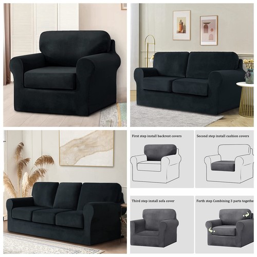 Sesselbezüge 1/2/3 Sitzer 3/5/7 Stück Garnitur Dick Stretch Samt Sofa Schonbezug - Bild 1 von 109