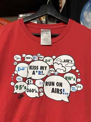 Vintage Nike Kiss My Airs Air Max Shoes Tee 00s Red Large Inches 