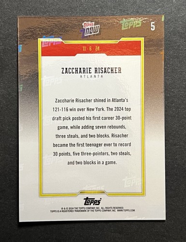 Zaccharie Risacher - 2024-25 Topps NOW® Basketball Card 5 Green /99 - Picture 2 of 4