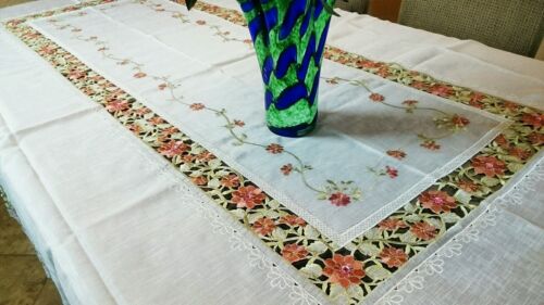 54x72" Embroidery Sheer Handmade Rhinestone Jeweled Organza Cutwork Tablecloth - Picture 4 of 6
