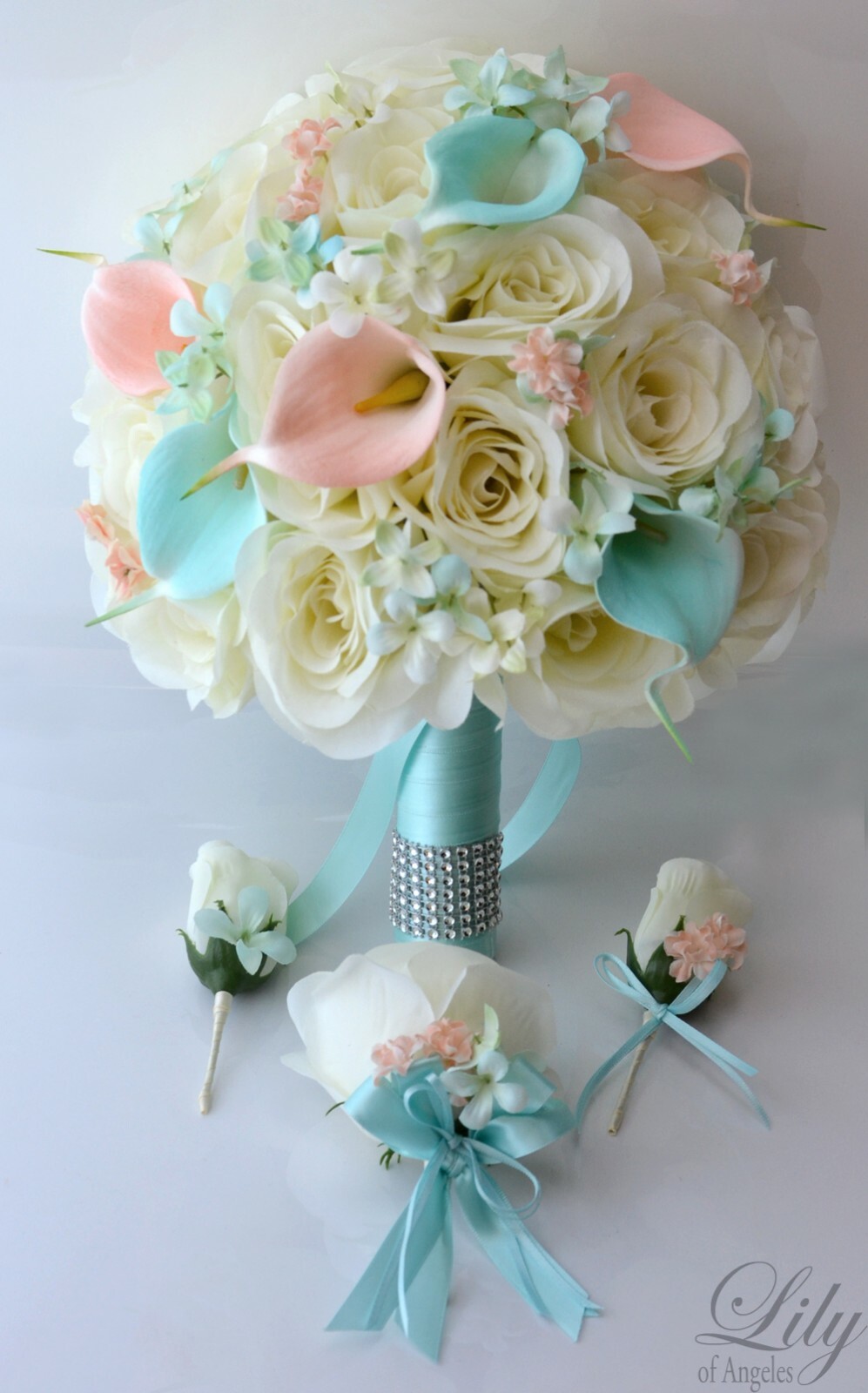 17pcs Robe de Mariage Bouquet Set De Soie Décoration Fleur Pêche Robin's Egg Bleu 17pcs Robe de Mariage Bouquet Set De Soie Décoration Fleur Pêche Robin's Egg Bleu