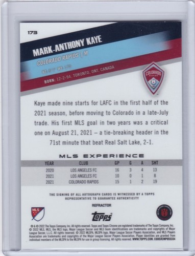 Topps 2022 cromo MLS automático #173 Mark-Anthony Kaye Colorado (B) - Imagen 2 de 2
