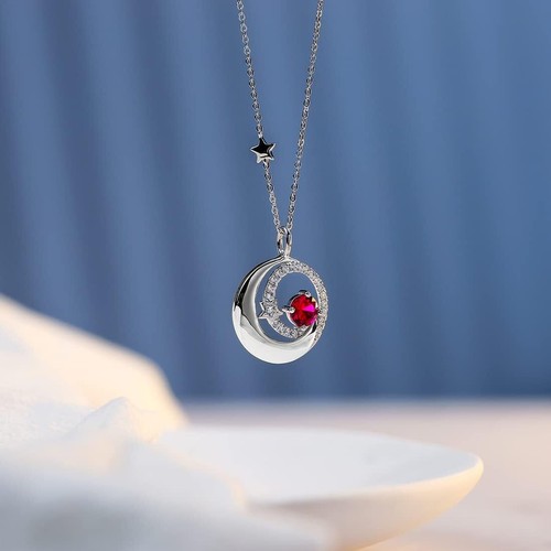 Birthstone 925 Sterling Silver Moon Star Pndant Fine Jewelry Birthday Gift 16+2" - Picture 3 of 6
