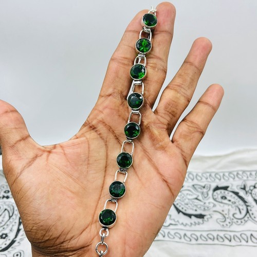 925 Sterling Silver Rose Cut Chrome Diopside Gemstone Jewelry Chain Bracelet - Picture 2 of 4