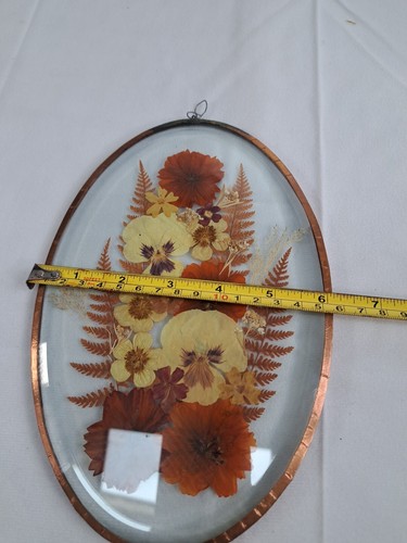 Vtg Pressed Dried Flower Suncatcher Glass Copper Frame Oval Pansies Fern 9" - Picture 6 of 7