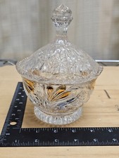 Vtg Clear Gold Glass Covered Lidded Candy Dish Clear Gold leaves Apothecary Jar
