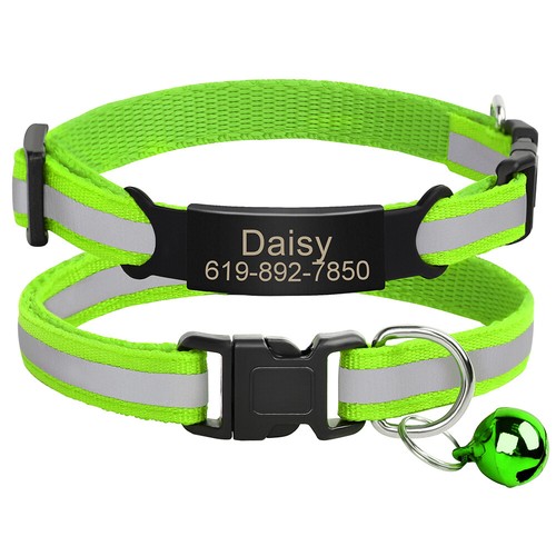 Reflective Dog Cat Collar & Slide On Tag Custom Pet Puppy Kitten Neck Belt Bell - Picture 32 of 36
