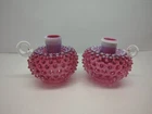 Vintage Fenton Cranberry Candle Holders Pair. White Opalescent Hobnail W/handles
