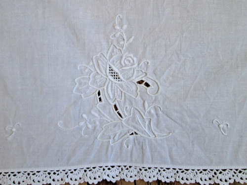 Vintage Leinen Handtuch weiß bestickt Rose Häkelkante weiß 13"x20" - Bild 3 von 8