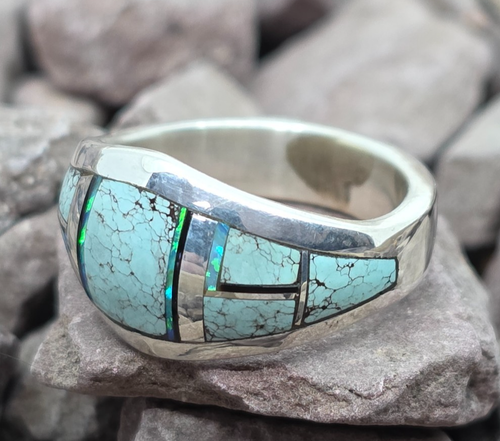 Gorgeous Inlaid Channel Set Turquoise Sterling Silver Navajo Ring Size 6 - Picture 2 of 8