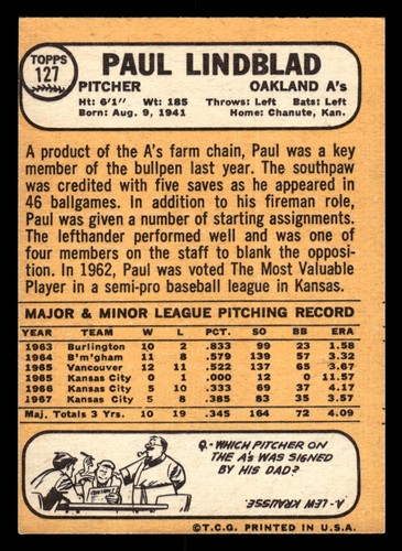 1968 Topps - Paul Lindblad #127 - Picture 2 of 2